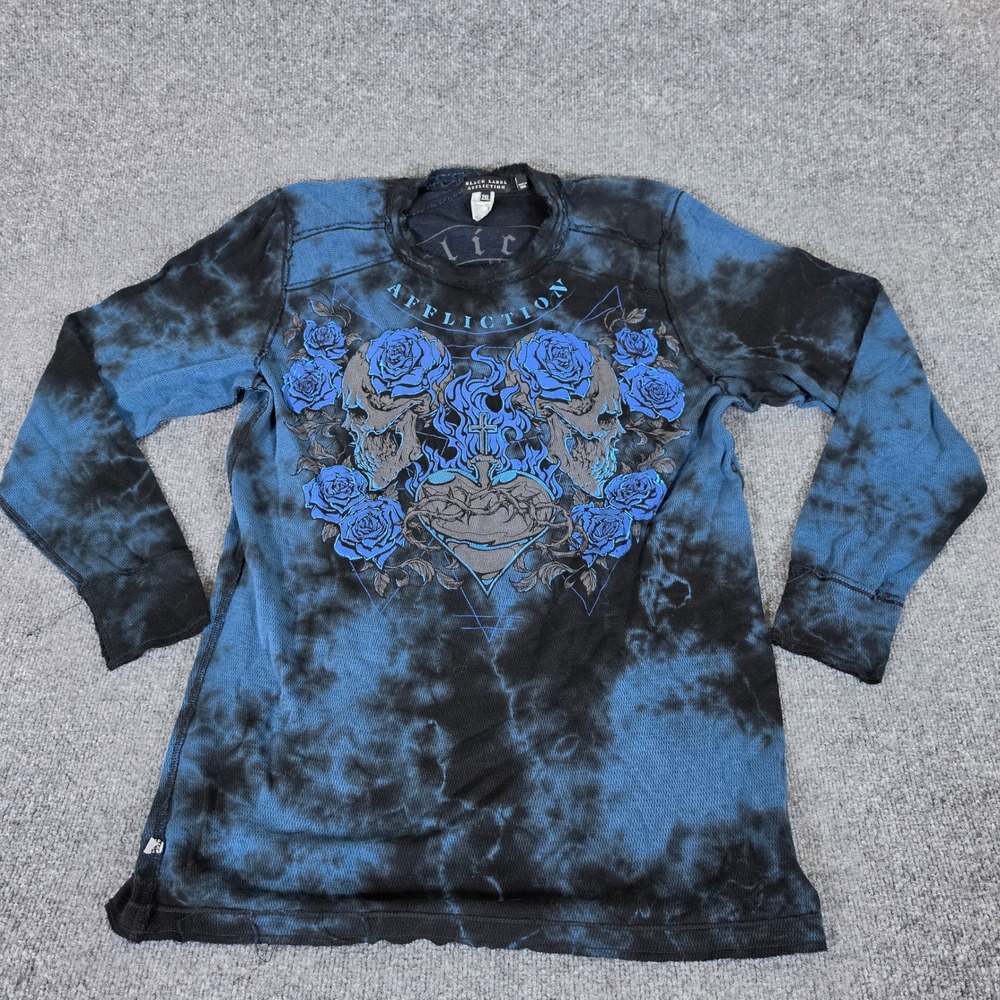 Affliction Black Label Mens 2XL Thermal Shirt Blue Black Skulls Roses Tie Dye